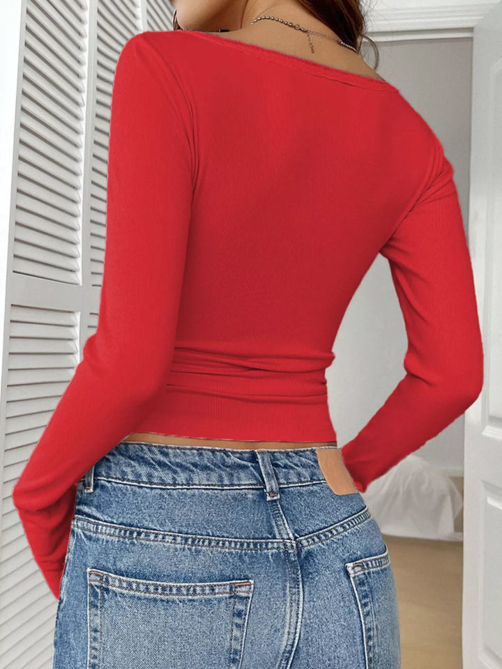 Ribbed knit lace-trim henley long sleeve top