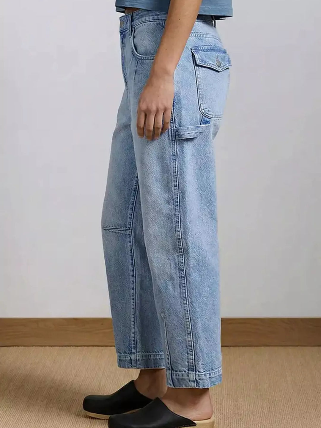 Washed wide leg carpenter jeans with seamed knees