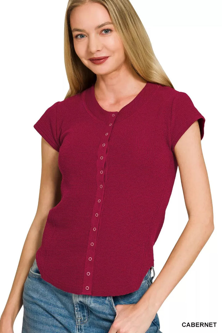 Ribbed double knit snap button short sleeve top