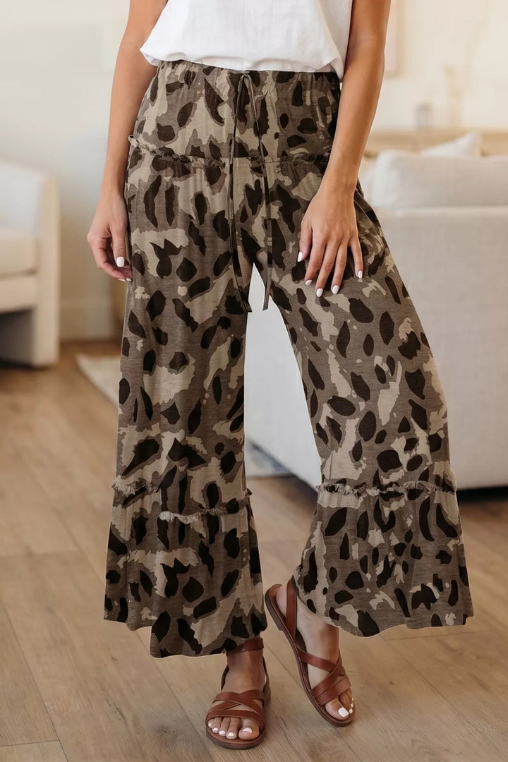Camo print wide-leg pants with drawstring and ruffled hem