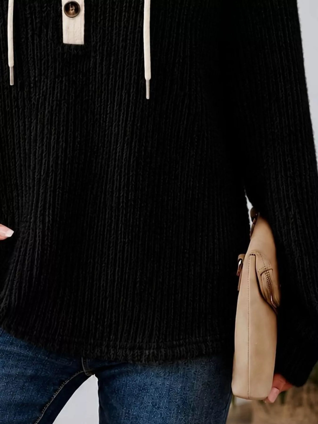 Ribbed knit drawstring hoodie with button henley placket