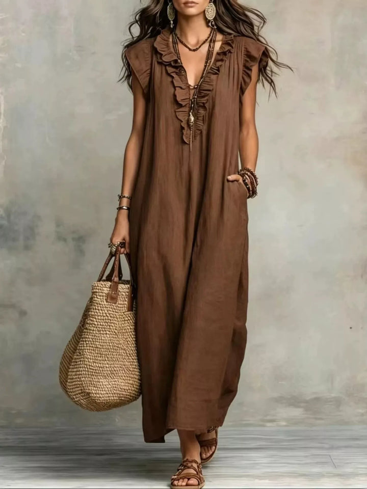 Brown Ruffled v-neck cap sleeve maxi dress with side pockets