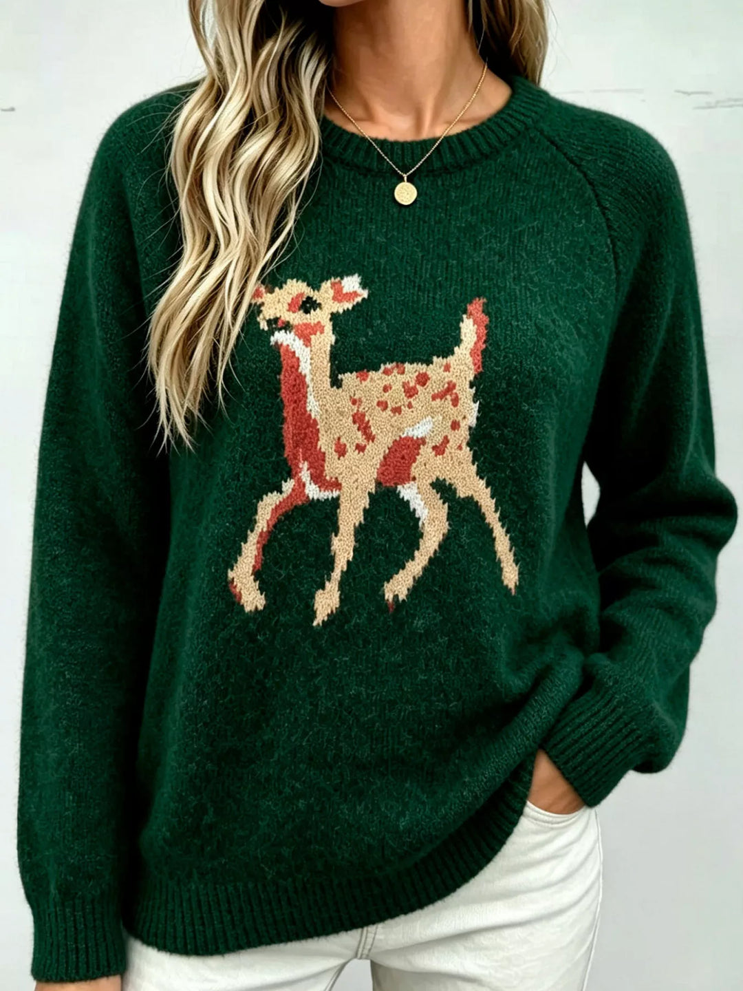 Deer knit raglan sleeve pullover sweater with ribbed trim