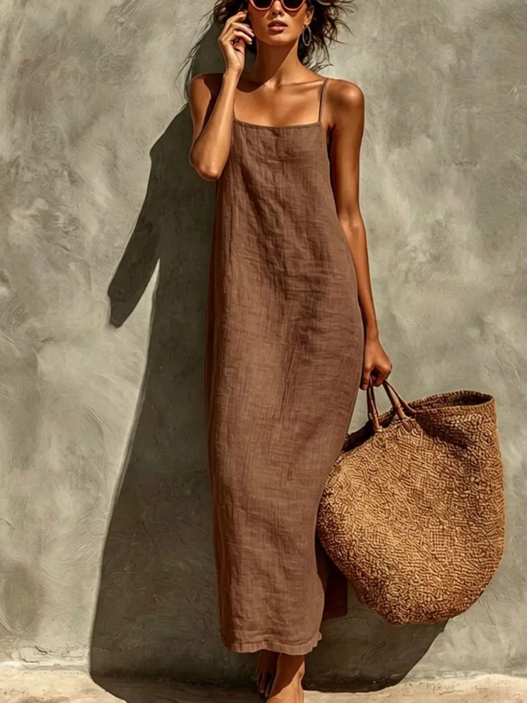Taupe Spaghetti strap square neck relaxed maxi dress