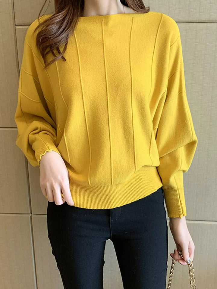 Boat neck batwing sleeve knit pullover with ribbed hem