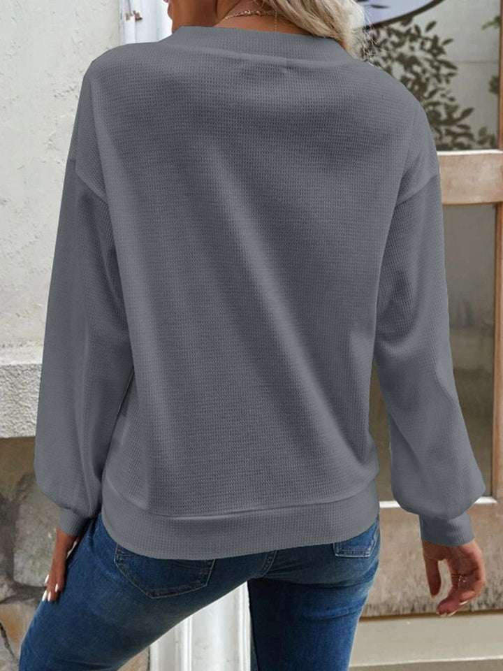 Waffle-knit V-neck button-front top with dropped shoulders