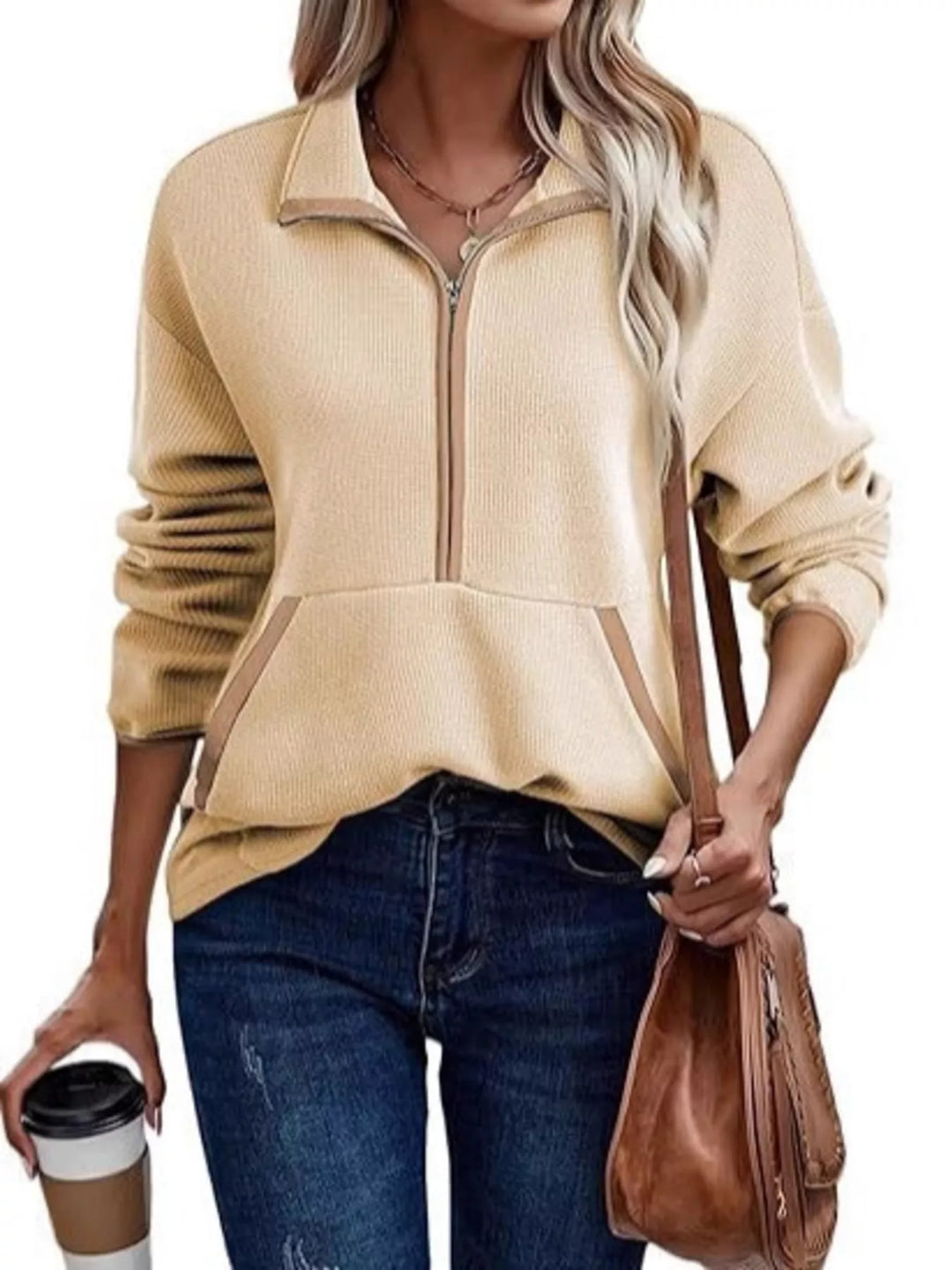 Half-zip dropped shoulder sweatshirt with contrast trim