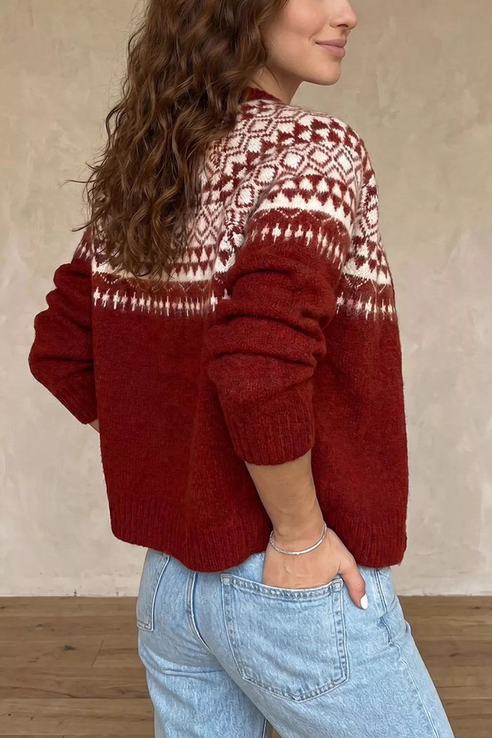 Fair isle geometric knit button-front cardigan