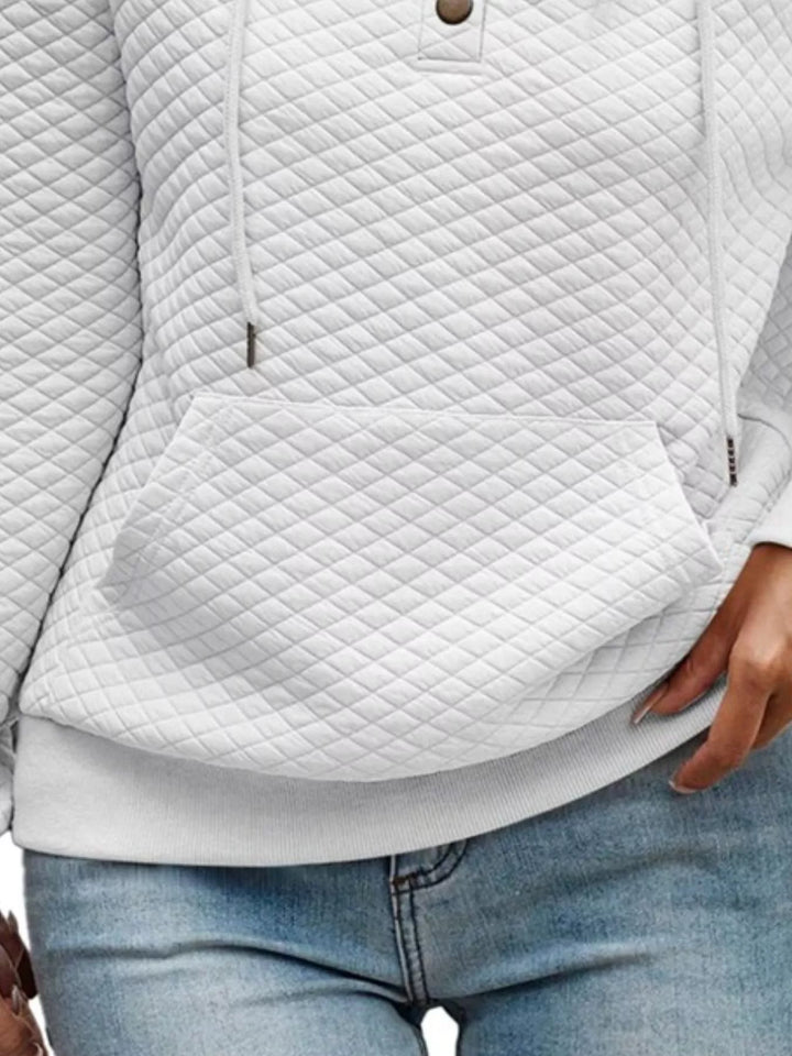 Diamond-textured drawstring pullover hoodie with button placket