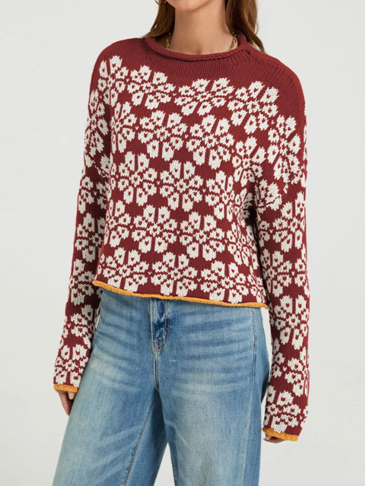Red Floral knit dropped shoulder sweater with contrast trim