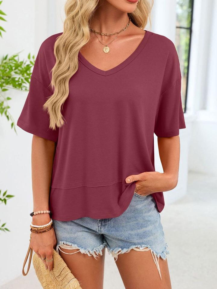 Wine Red Relaxed-fit V-neck short sleeve tee with raw hem