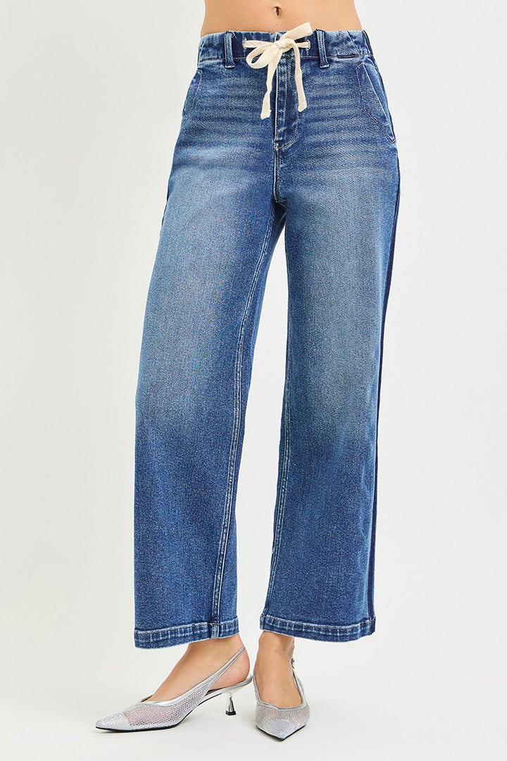High-rise drawstring wide-leg cropped jeans
