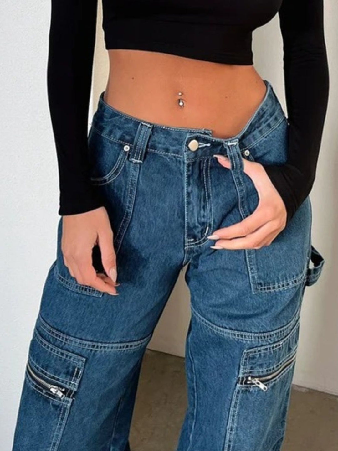 Wide-leg cargo jeans with zip pockets and hem zips
