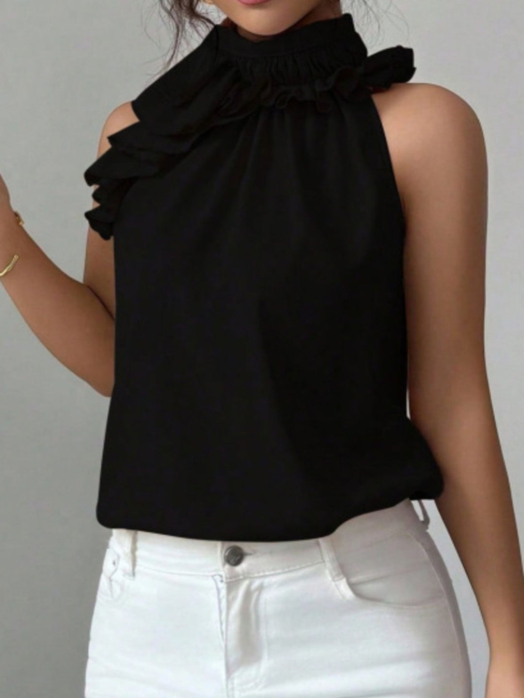 Flowy ruffle-trim high-neck sleeveless blouse