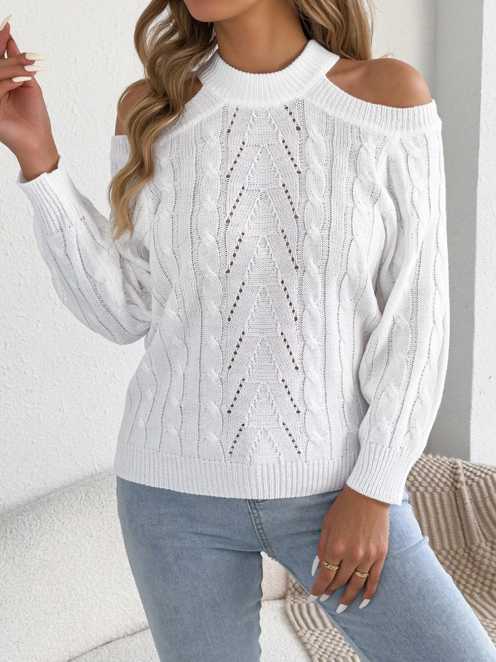 Cold shoulder cable knit mock neck sweater