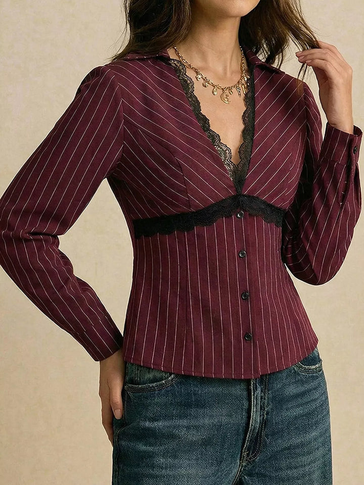 Pinstripe lace trim V-neck button-down blouse