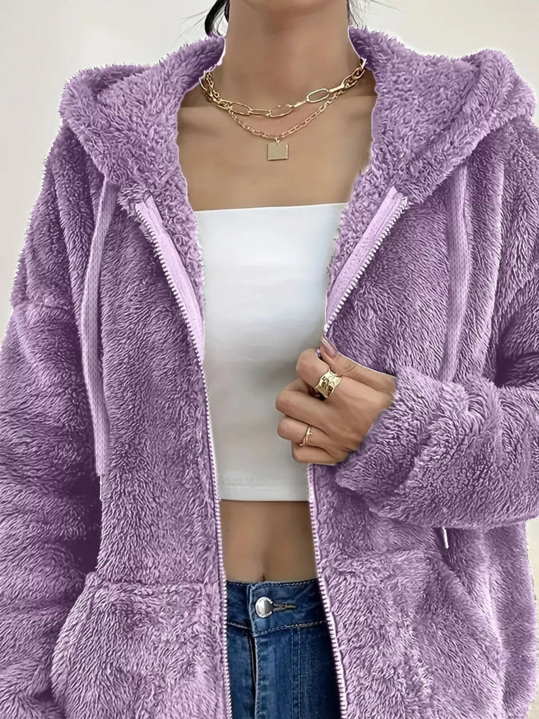 Fuzzy fleece hooded zip-up jacket with front pockets