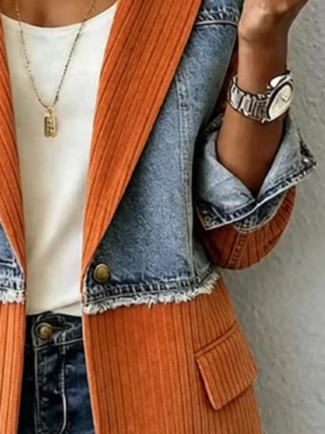 Denim patchwork ribbed blazer with raw hem and notch lapels