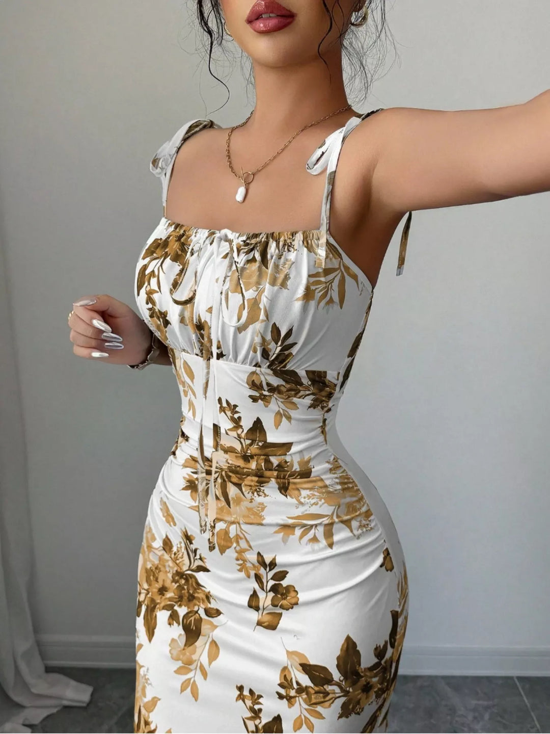 Floral print tie-strap maxi dress with side slit