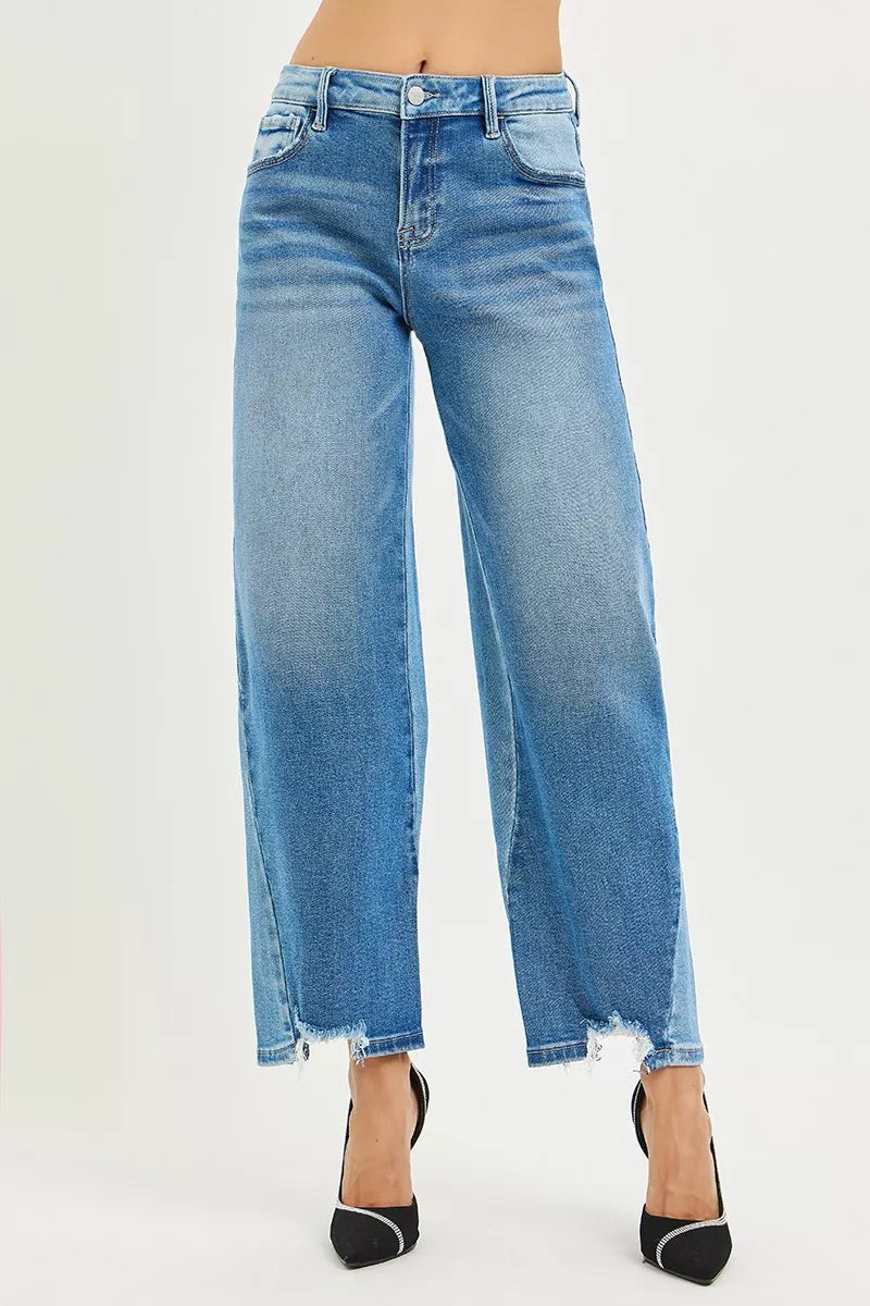 DARK COMBO Slouchy cropped barrel-leg jeans with contrast wash and raw hem
