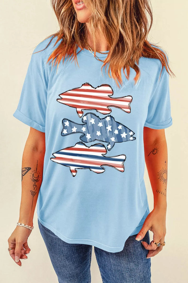 Patriotic fish graphic short sleeve crew neck tee