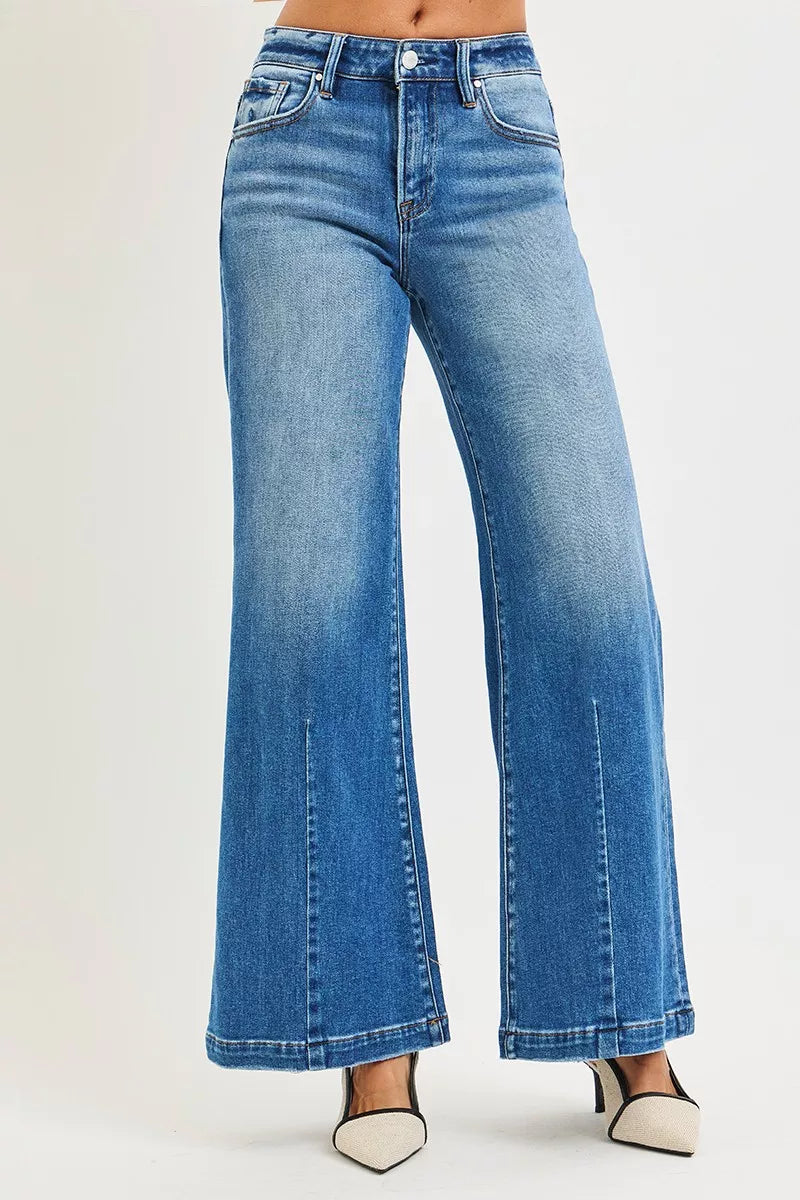 Mid-rise wide-leg flare jeans with center seam