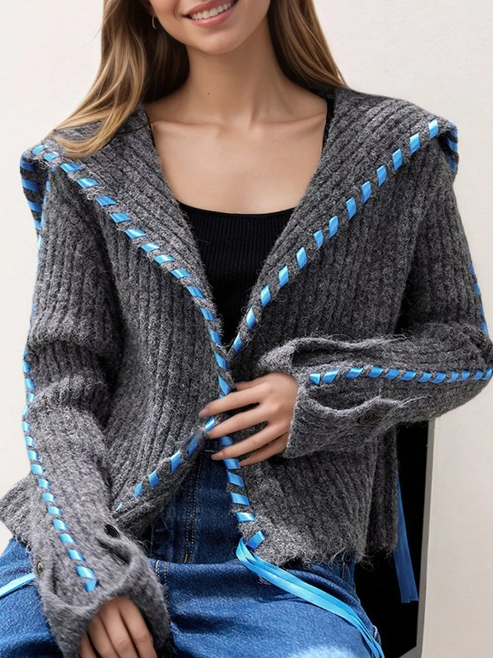 Ribbed knit button-front cardigan with contrast ribbon trim