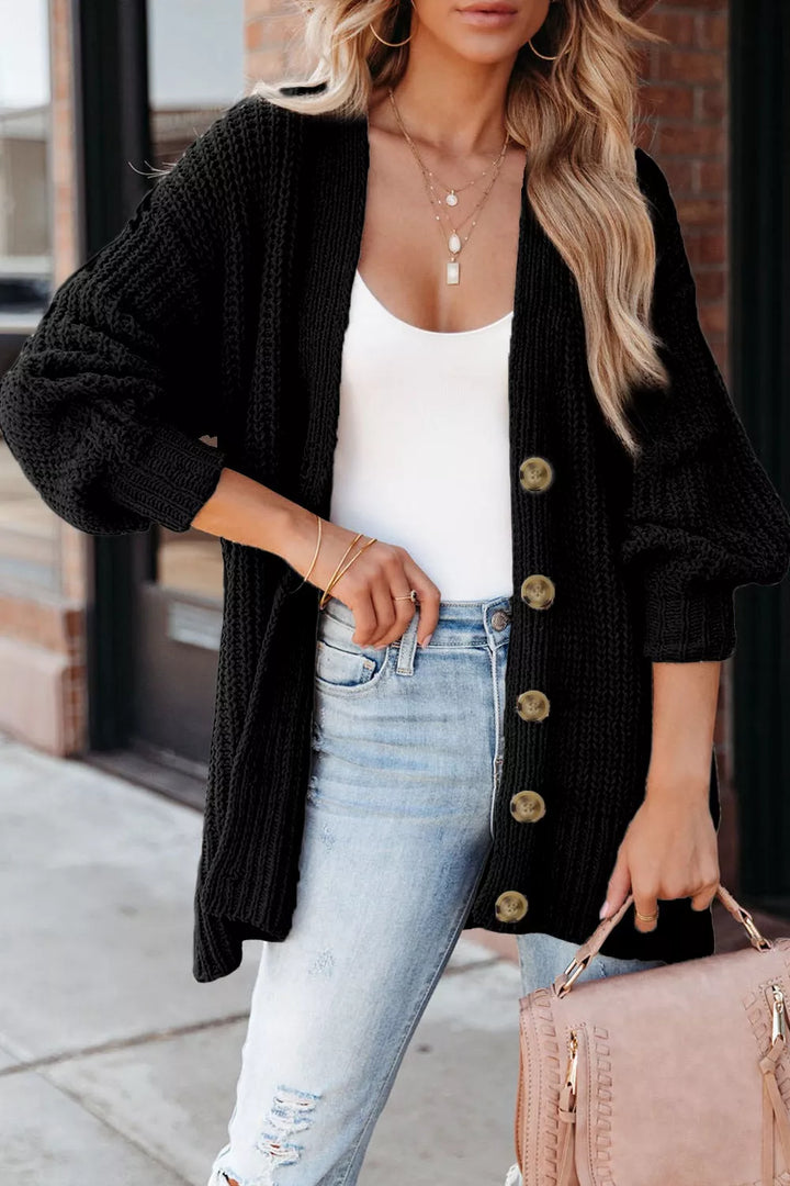 Black Chunky ribbed knit button-down cardigan