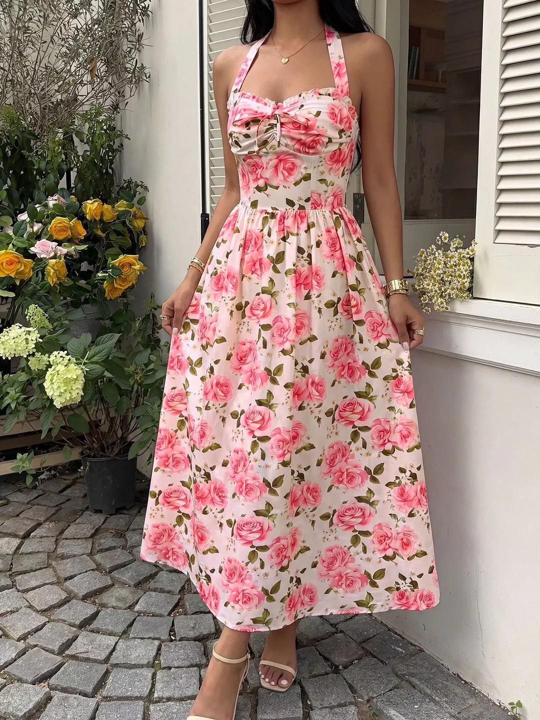 Rose print halter neck midi dress with smocked bodice