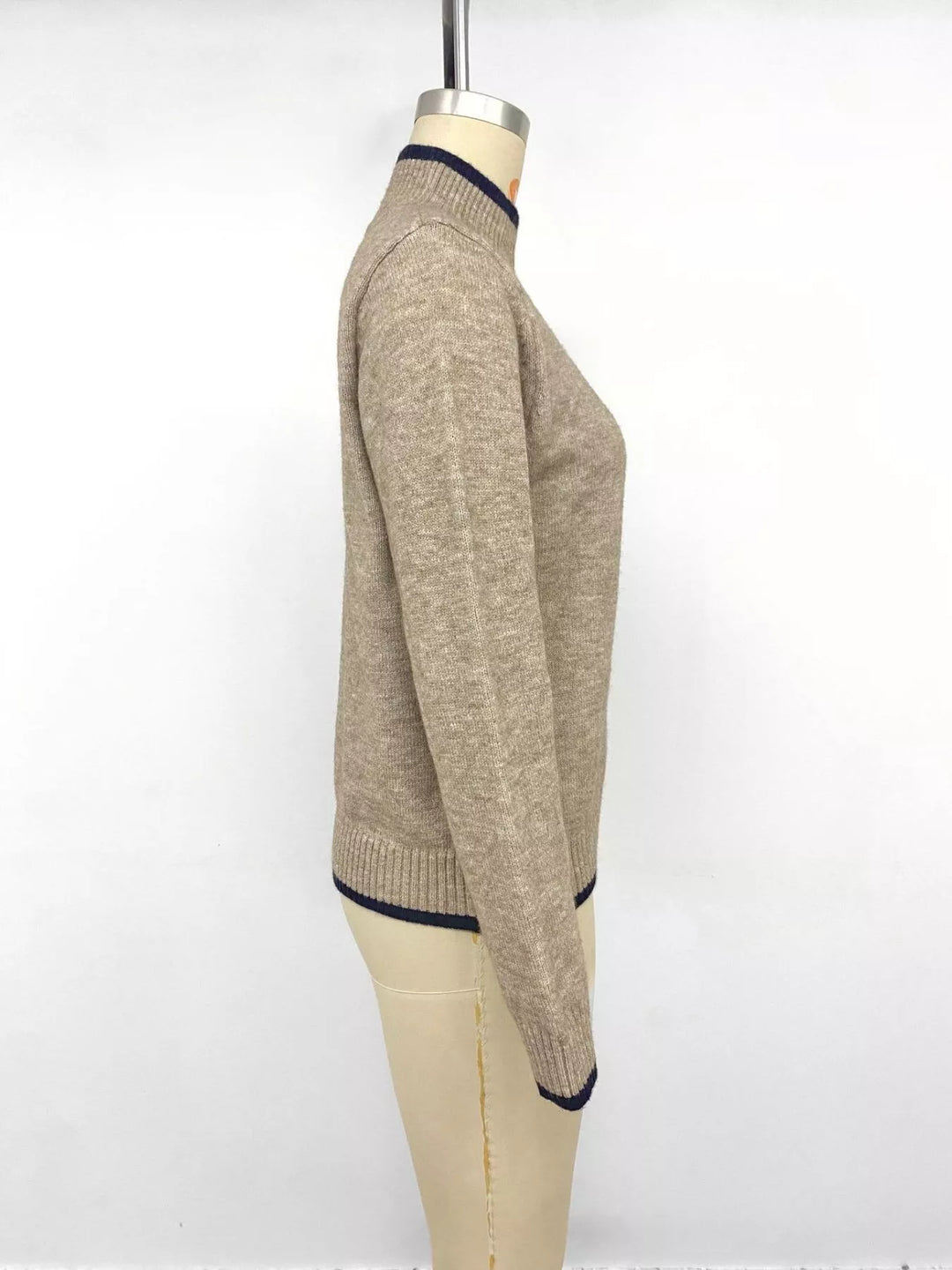 Contrast tipped mock neck sweater with ribbed trim
