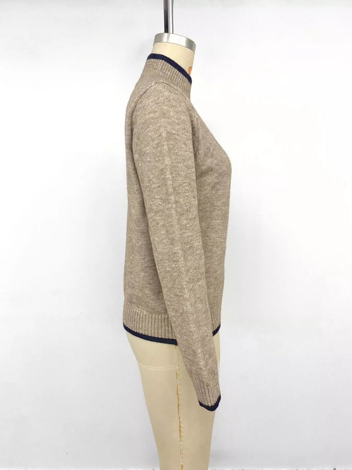 Contrast tipped mock neck sweater with ribbed trim