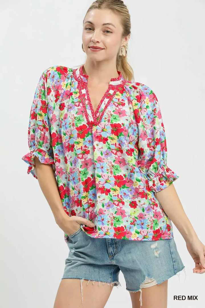 RED MIX Mixed floral ruffle-sleeve top with split V-neck