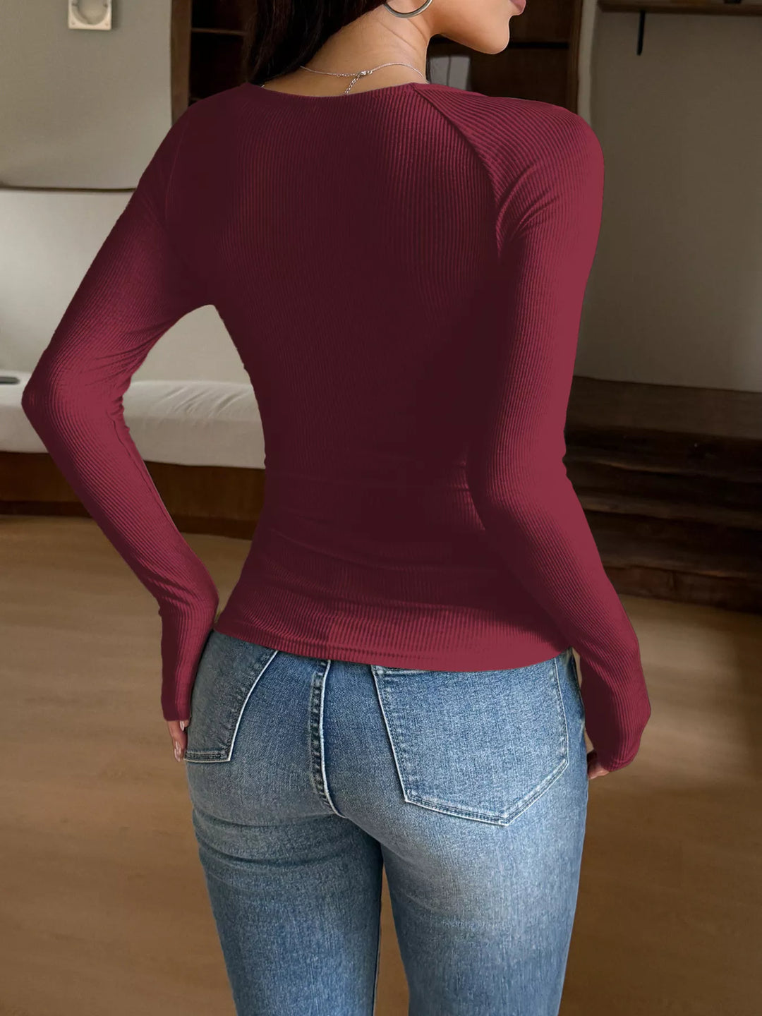 Ribbed lace-trim long sleeve top with square neck