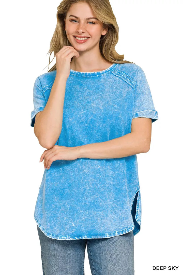 DEEP SKY Washed French terry short-sleeve top with curved hem and side slits