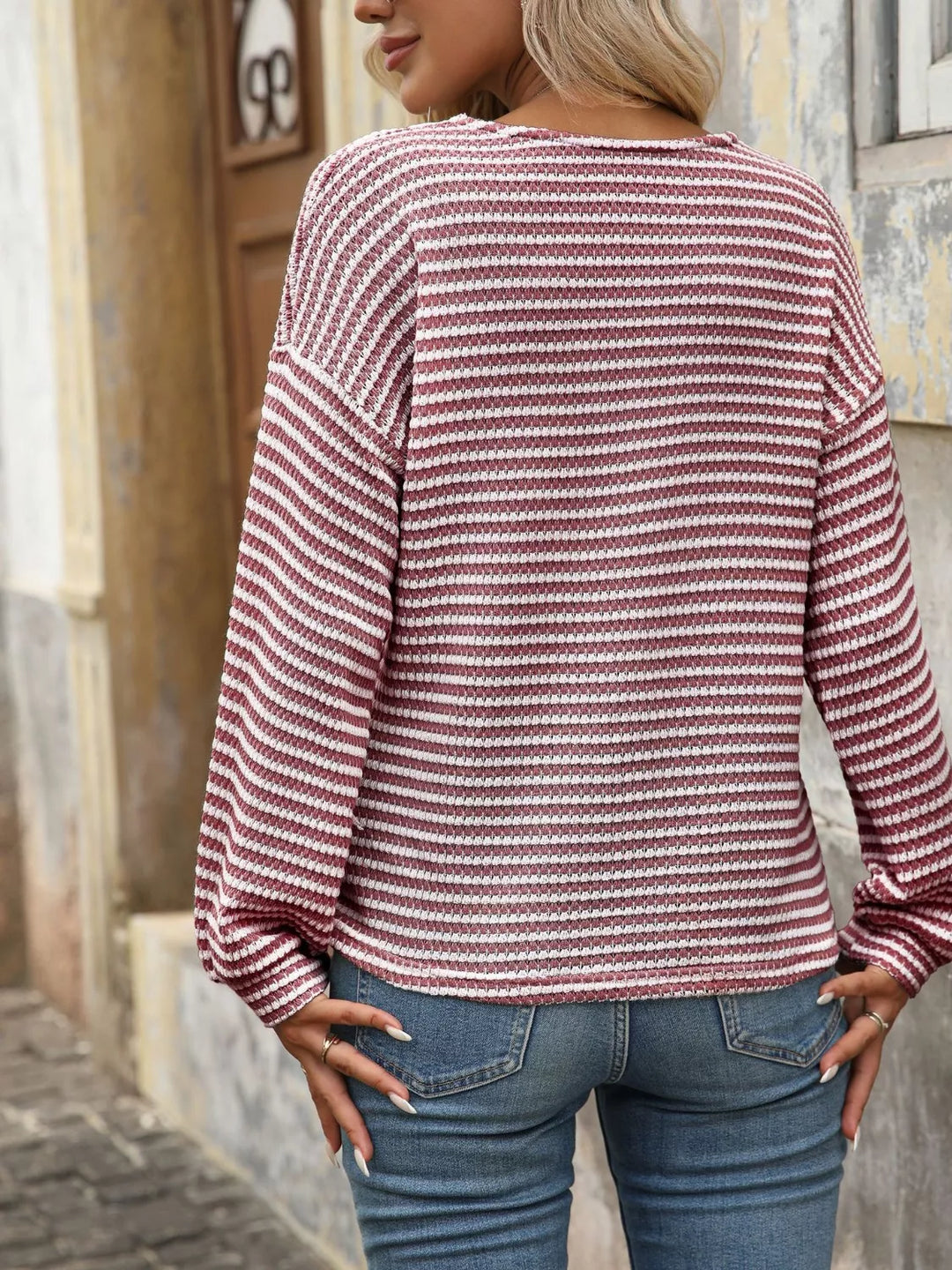 Striped waffle knit henley top with button placket