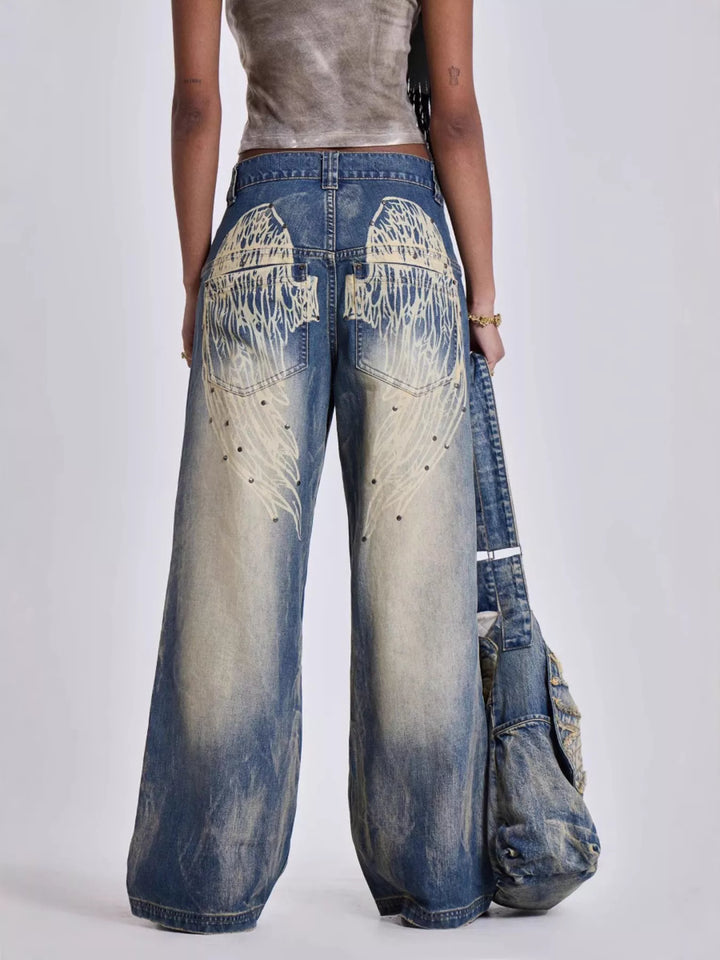 Black Vintage wash mid-rise wide leg jeans with panel seams