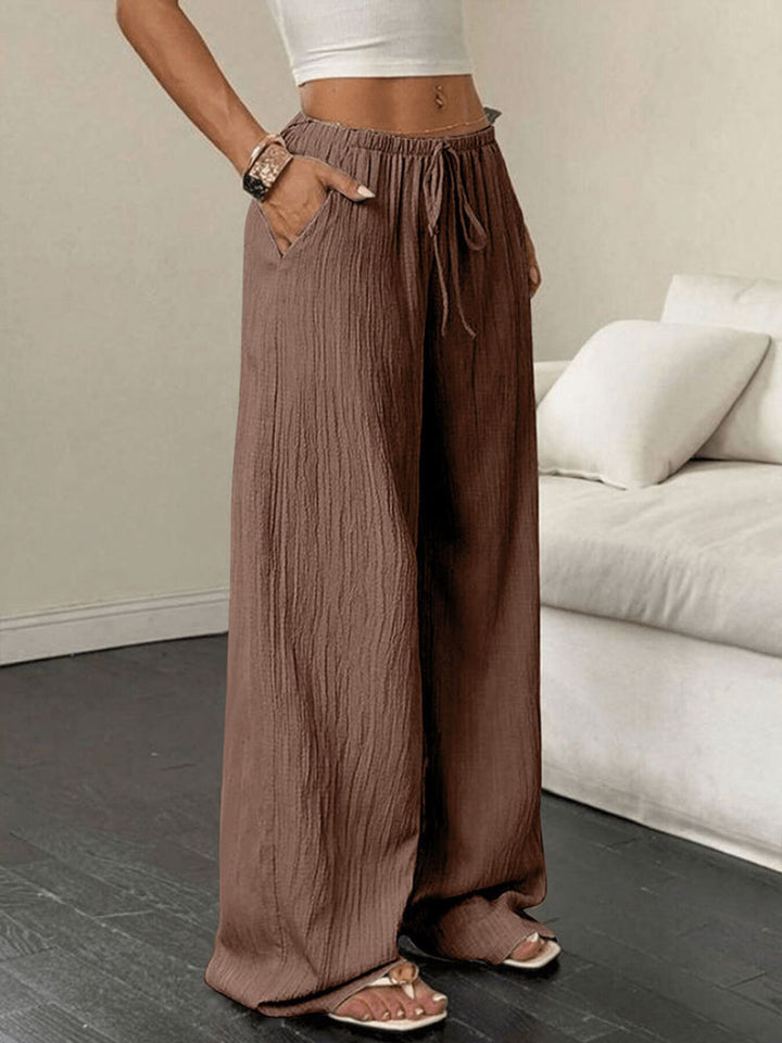 Crinkle textured wide leg pants with drawstring waist