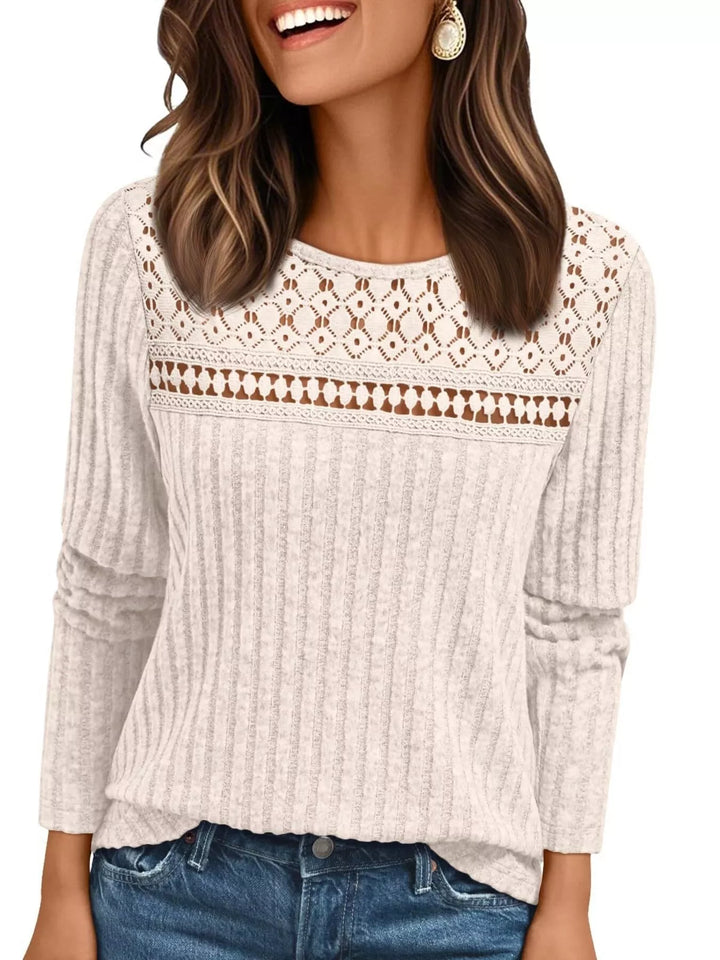 Ribbed knit long sleeve top with lace yoke