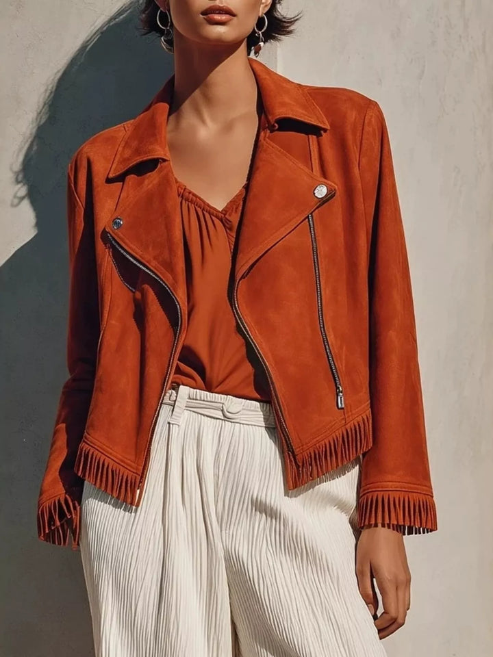 Rust Fringe hem faux leather moto jacket with asymmetrical zip