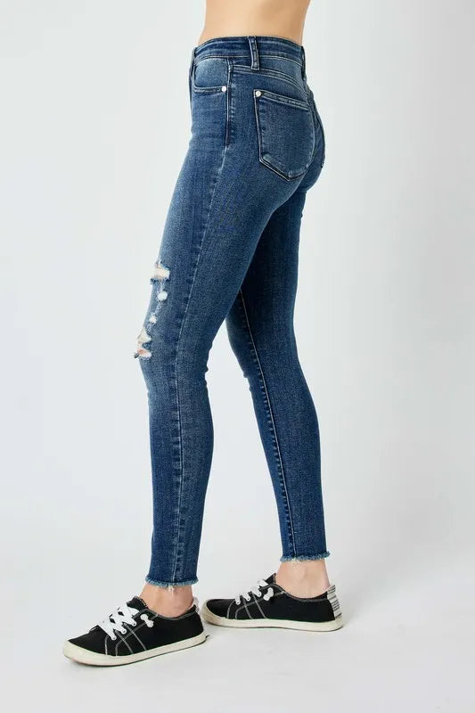 Judy Blue high-rise distressed skinny jeans with frayed hem