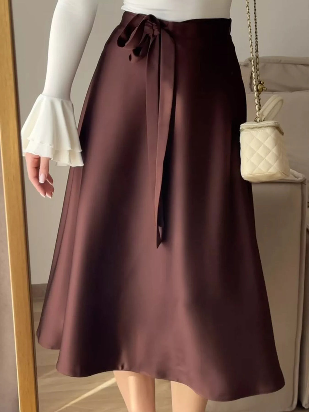 Burgundy High-waist satin A-line midi skirt with tie bow