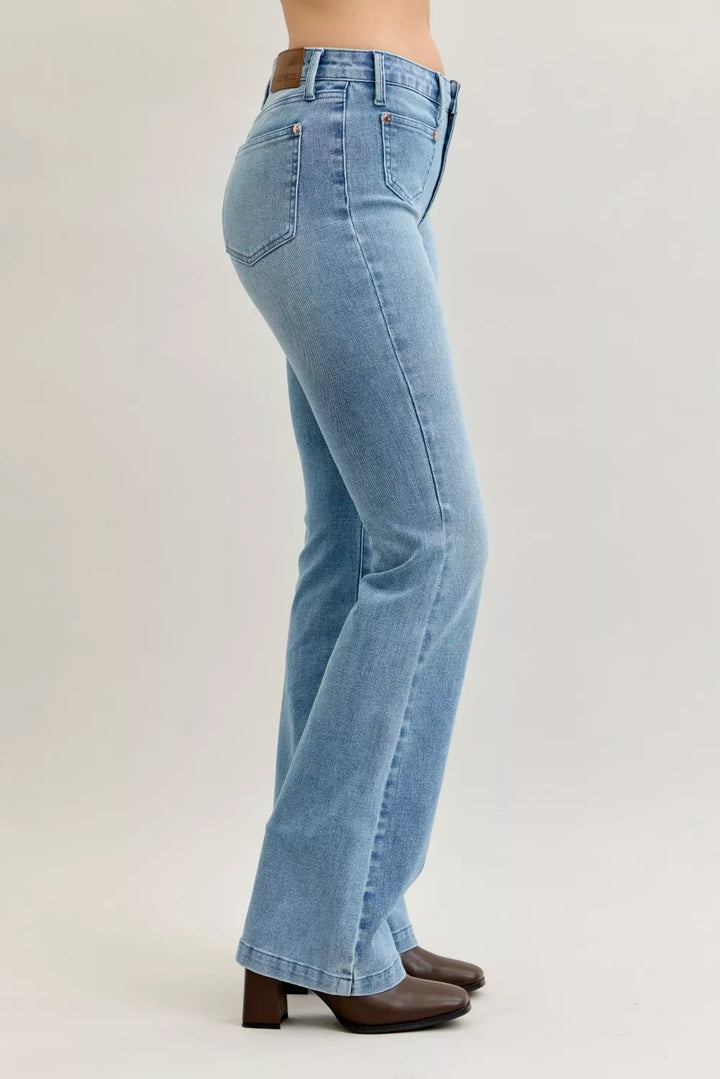 Mid-rise contrast wash bootcut jeans with front patch pockets