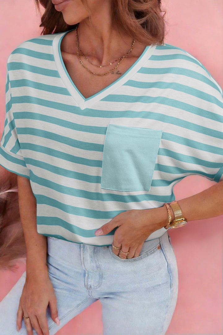 Striped V-neck tee with chest patch pocket