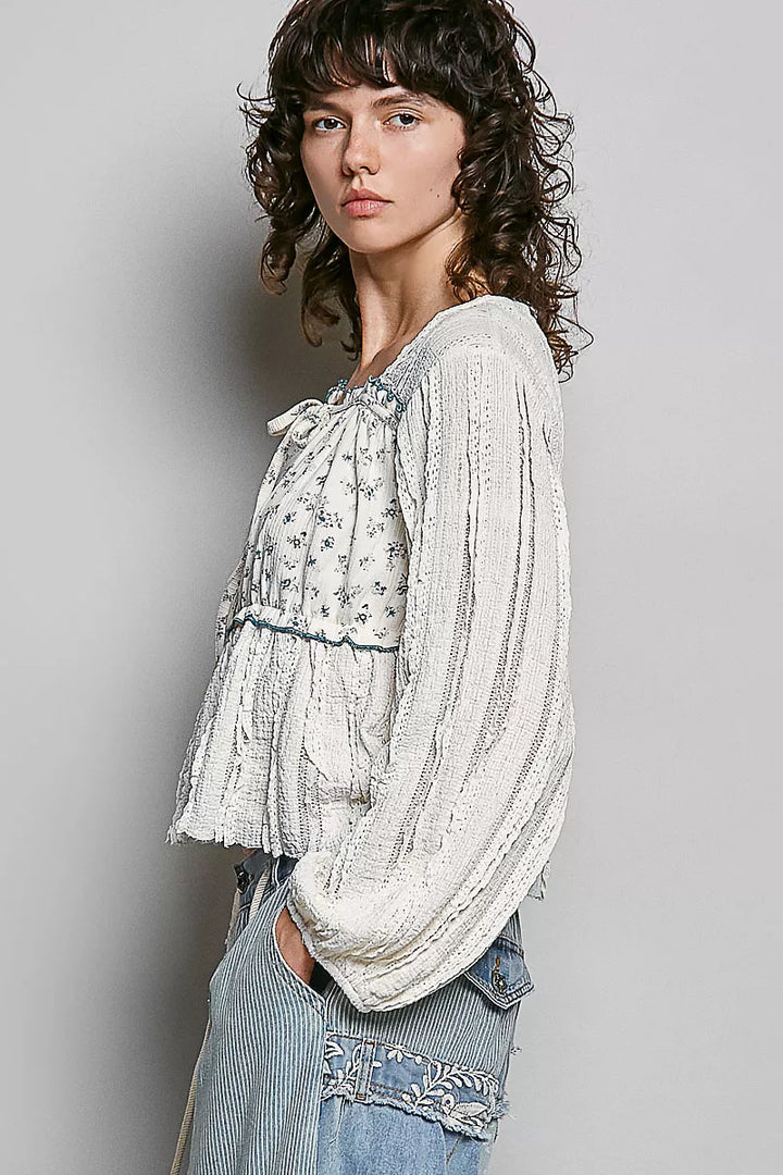 Square neck balloon sleeve boho top with floral panel