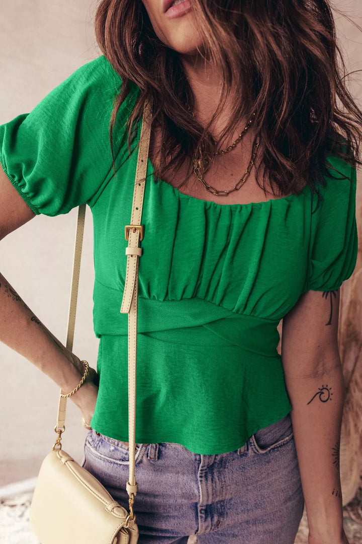 Ruched square-neck peplum top with crossed waist and tied back