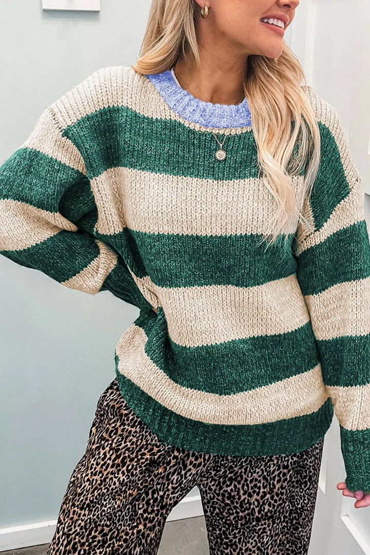 Dark Green Wide stripe colorblock drop shoulder pullover sweater