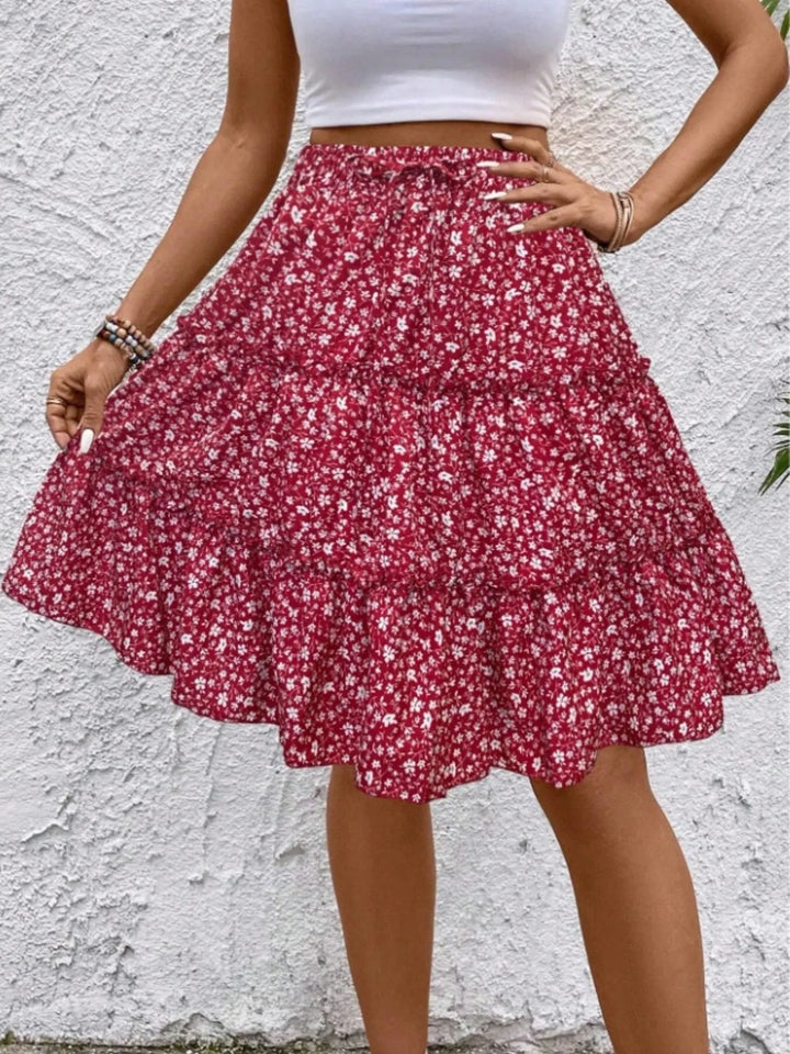 Floral print tiered ruffle mini skirt