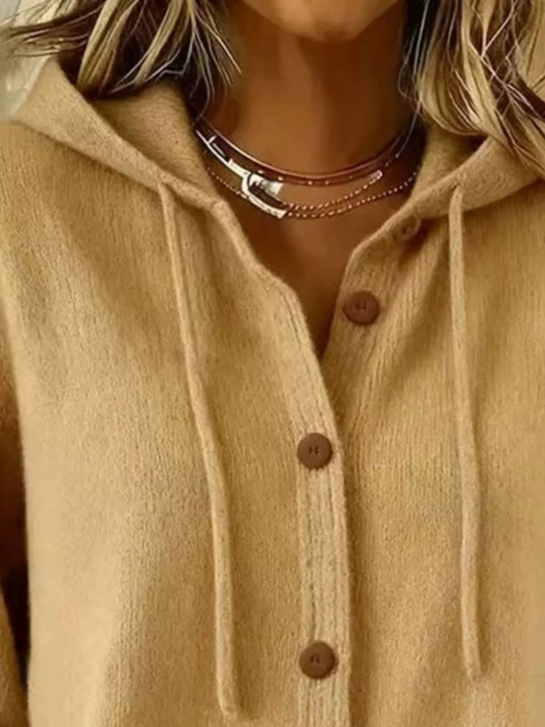 Hooded button-down knit cardigan with drawstring