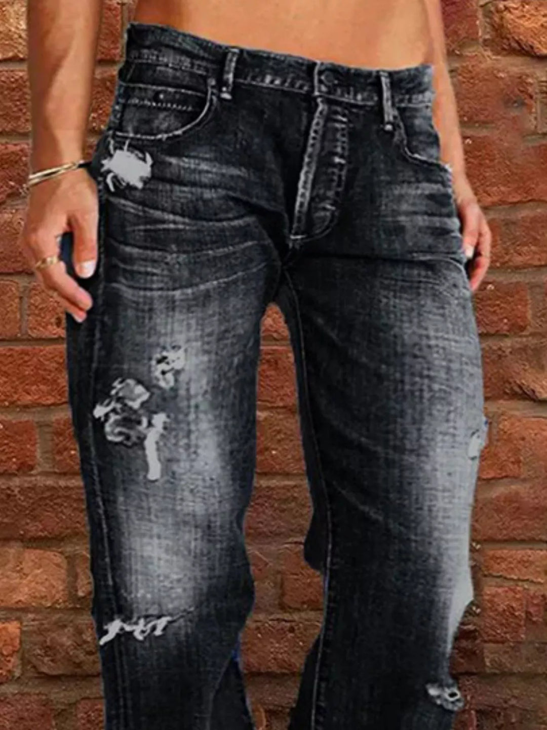 Distressed straight-leg jeans with raw frayed hem