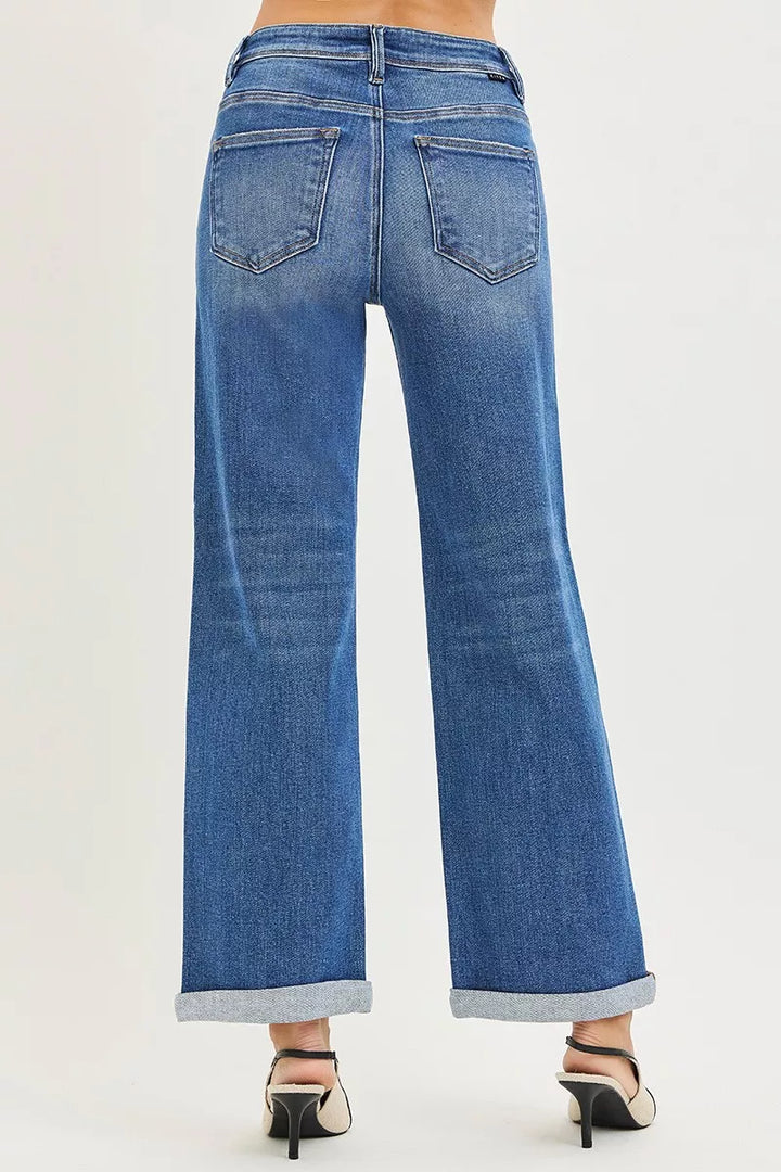 High rise relaxed straight leg jeans with cuffed ankle hem